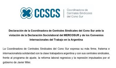 Ante la violaci&oacute;n de la Declaraci&oacute;n Sociolaboral del MERCOSUR y de los Convenios Internacionales del Trabajo en la Argentina