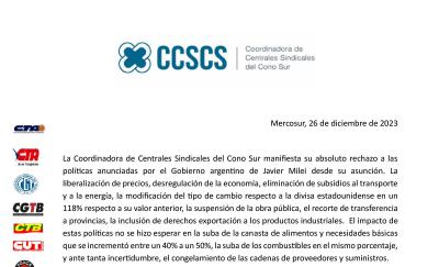 La CCSCS manifiesta su absoluto rechazo a las políticas anunciadas por el Gobierno argentino de Javier Milei desde su asunción.