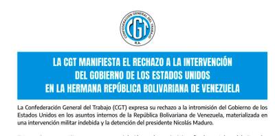 La CGT manifiesta el rechazo a la intervenci&oacute;n del Gobierno de los Estados Unidos en la hermana Rep&uacute;blica Bolivariana de Venezuela
