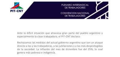 Plenario Intersindical de Trabajadores - Convención  Nacional de Trabajadores (PIT CNT) de Uruguay: apoyo solidario al paro convocado por centrales argentinas para el 24 de enero.