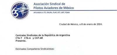 Sindicato de Pilotos de México (ASPA) se solidariza con el movimiento sindical argentino
