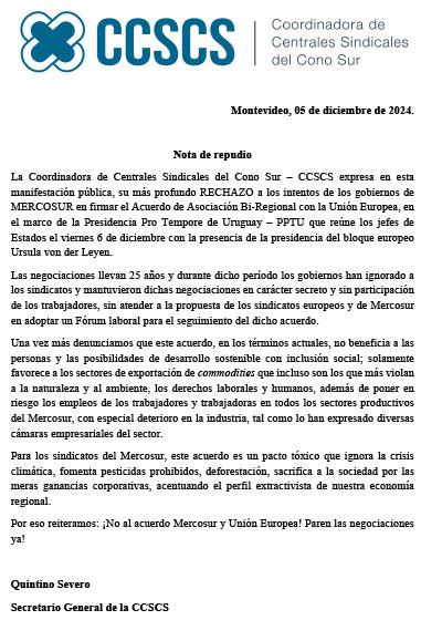 Nota de repudio CCSCS al acuerdo de Asociaci&oacute;n Bi-Regional