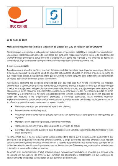 Mensaje del movimiento sindical internacional a la reuni&oacute;n de L&iacute;deres del G20 en relaci&oacute;n con el COVID 19