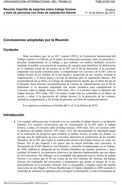 Reuni&oacute;n tripartita de expertos sobre trabajo forzoso y trata de personas con fines de explotaci&oacute;n laboral Ginebra Febrero 2013
