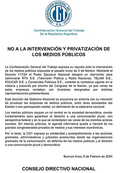 NO A LA INTERVENCI&Oacute;N Y PRIVATIZACI&Oacute;N DE LOS MEDIOS P&Uacute;BLICOS