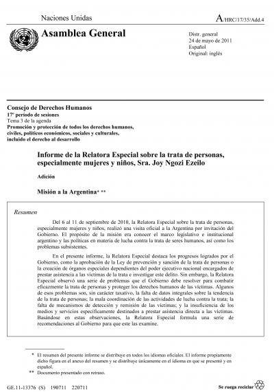 Informe de la Relatora Especial sobre la trata de personas,especialmente mujeres y ni&ntilde;os