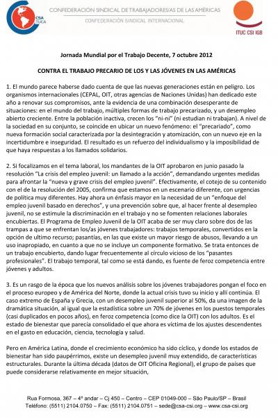 CONTRA EL TRABAJO PRECARIO DE LOS Y LAS J&Oacute;VENES EN LAS AM&Eacute;RICAS - Declaraci&oacute;n Jornada Mundial por el Trabajo Decente