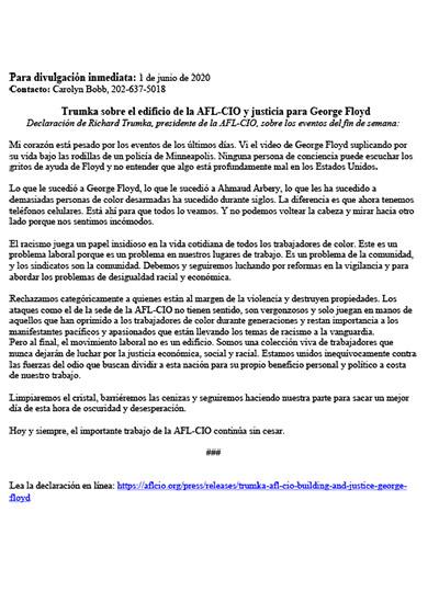Declaraci&oacute;n de Richard Trumka, presidente de AFL-CIO, acerca las manifestaciones en Minneapolis a ra&iacute;z del asesinato de George Floyd.