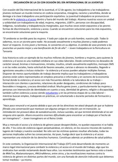 DECLARACI&Oacute;N DE LA CSI CON OCASI&Oacute;N DEL D&Iacute;A INTERNACIONAL DE LA JUVENTUD