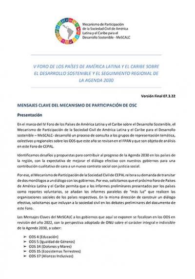 Mensajes claves del Mecanismo de Participaci&oacute;n de Organizaciones de la Sociedad Civil a los gobiernos, en el marco del V Foro de los Pa&iacute;ses de Am&eacute;rica Latina y el Caribe sobre el Desarrollo Sostenible y el Seguimiento Regional de la A