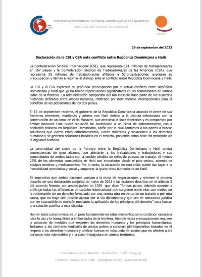 DECLARACI&Oacute;N DE LA CSI Y CSA ANTE CONFLICTO ENTRE REP&Uacute;BLICA DOMINICANA Y HAIT&Iacute;