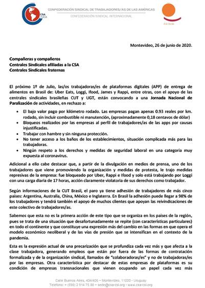 La CSA apoya la huelga de los trabajadores de plataformas de delivery en Brasil.