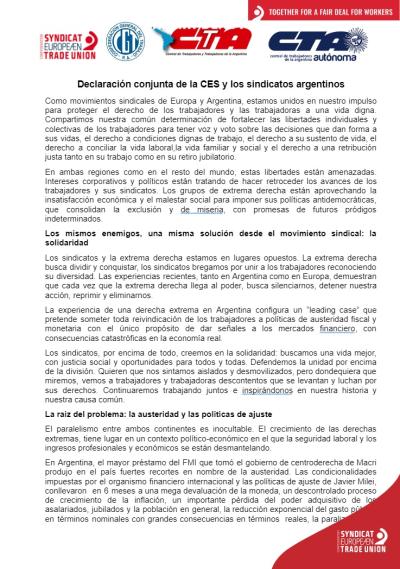 Declaraci&oacute;n conjunta de la CES y los sindicatos argentinos