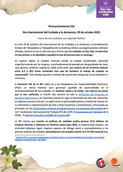 Pronunciamiento CSA - D&iacute;a Internacional del Cuidado y la Asistencia, 29 de octubre 2025