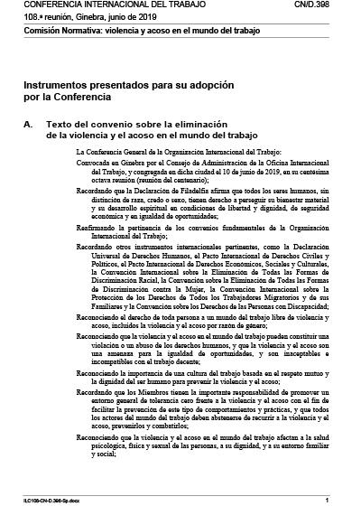 Convenio 190 sobre violencia y acoso laboral hacia trabajadores y trabajadoras, en el &aacute;mbito laboral.
