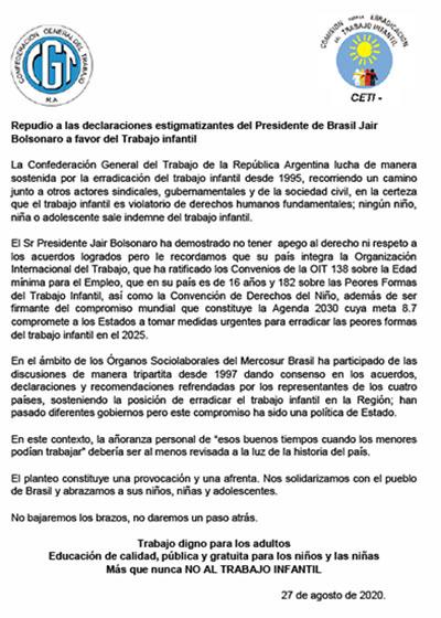 Repudio a las declaraciones estigmatizantes del Presidente de Brasil Jair Bolsonaro a favor del Trabajo infantil