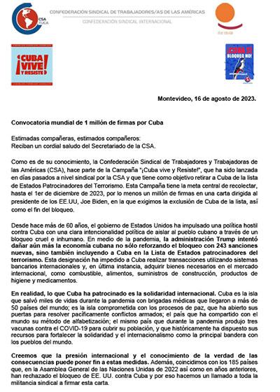 Campa&ntilde;a CSA - Un mill&oacute;n de firmas para Cuba.
