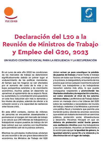 Declaraci&oacute;n del Labour 20: Los ministros de Trabajo del G20 deben abordar una serie de cuestiones urgentes para los trabajadores y las trabajadoras