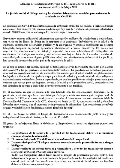 Mensaje de solidaridad del Grupo de los Trabajadores de la OIT en ocasi&oacute;n del 1ro de Mayo 2020.