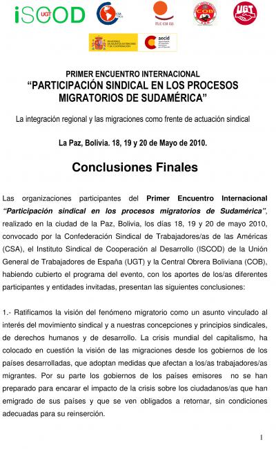 Primer Encuentro Internacional "Participaci&oacute;n Sindical en los Procesos Migratorios de Sudam&eacute;rica"