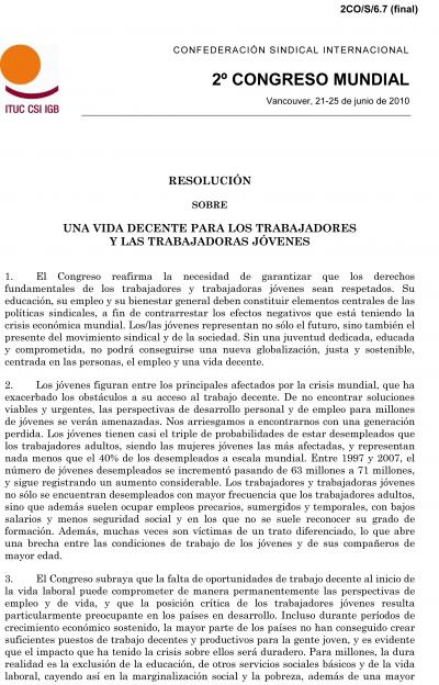 Resoluci&oacute;n sobre una vida decente para los trabajadores y las trabajadoras j&oacute;venes