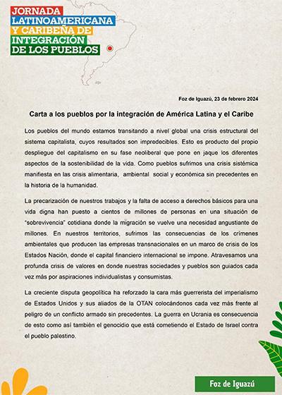 Jornada Latinoamericana y Caribe&ntilde;a de Integraci&oacute;n de los Pueblos. Carta a los pueblos por la integraci&oacute;n de Am&eacute;rica Latina y el Caribe