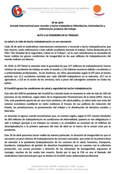 Pronunciamiento de la CSA "La salud y la vida de las/os trabajadoras/es no son mercanc&iacute;a"