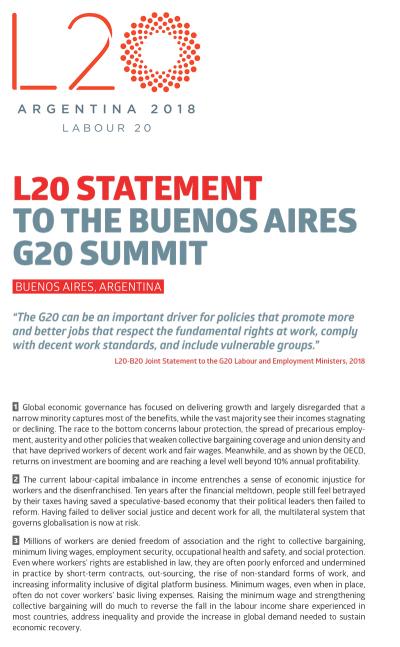 L20 STATEMENT TO THE BUENOS AIRES G20 SUMMIT