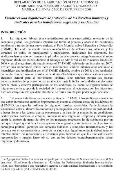 Declaraci&oacute;n de la Agrupaci&oacute;n Global Unions al 2&deg; Foro Mundial Sobre Migraci&oacute;n y Desarrollo 